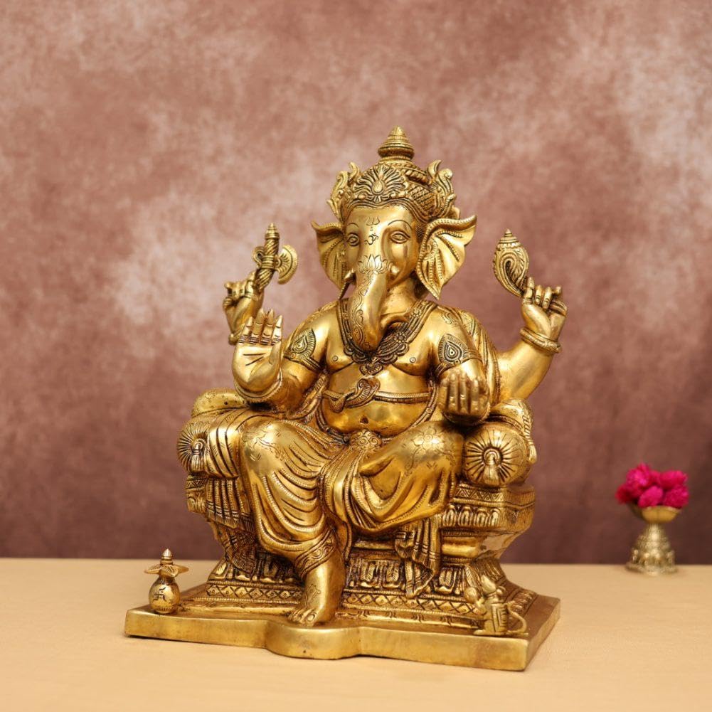 Brass Ganesha Statue With Mosaic, 45 Cm Brass Ganesh Statue, Ganpati Idol, Good Luck Gift For New Beginnings, House Warming Gift